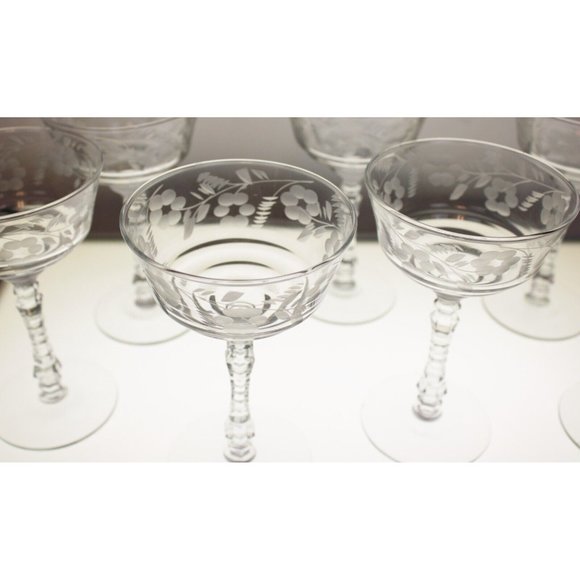 7 Rock Sharpe Halifax Tall Sherbet Champagne Glass Crystal Floral Etch Circa 40s - Picture 4 of 8